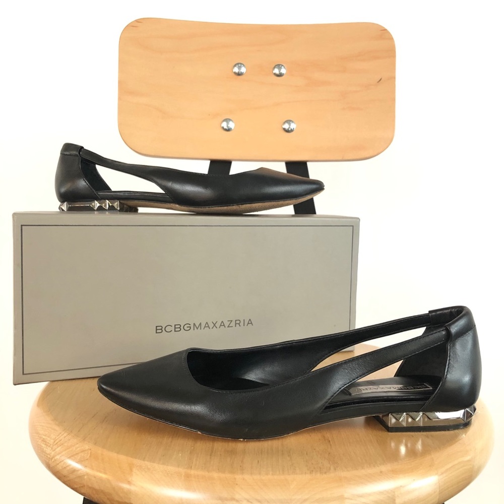BCBG Black Leather Window Flats, silver studs, original box, worn once